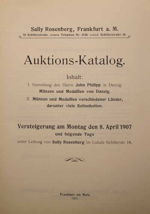 Literatura. Katalog aukcyjny Sally Rosenberg, Sammlung des Herrn John Philipp in Danzig, Frankfurt 1907 r.
